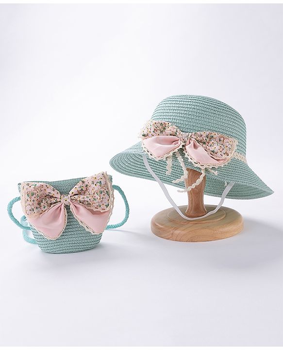 Babyhug Straw Hat With Bow & Purse - Mint Blue