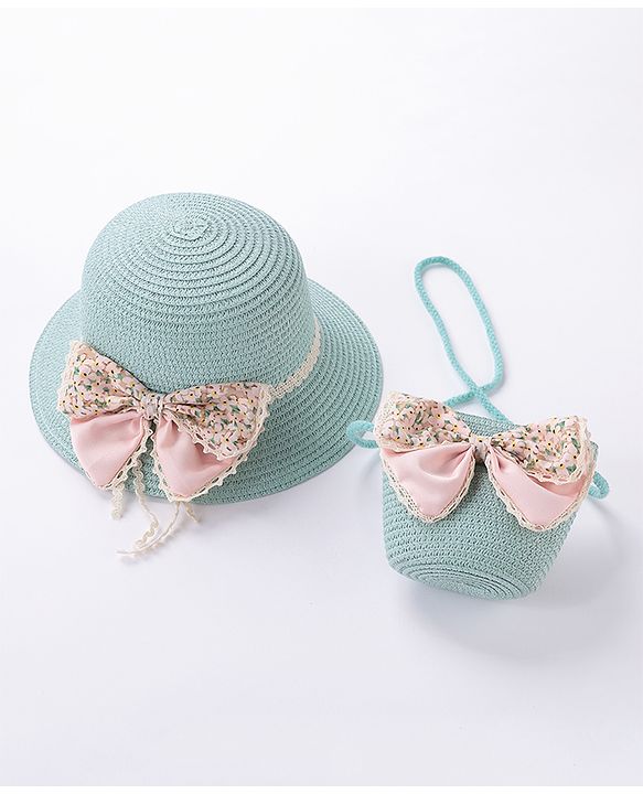 Babyhug Straw Hat With Bow & Purse - Mint Blue