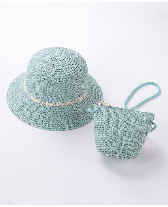 Babyhug Straw Hat With Bow & Purse - Mint Blue