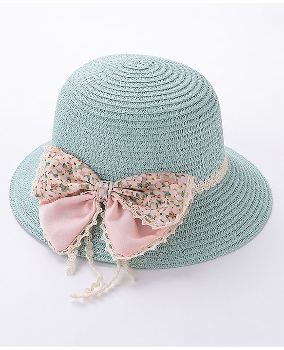 Babyhug Straw Hat With Bow & Purse - Mint Blue