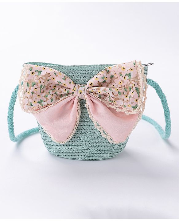 Babyhug Straw Hat With Bow & Purse - Mint Blue