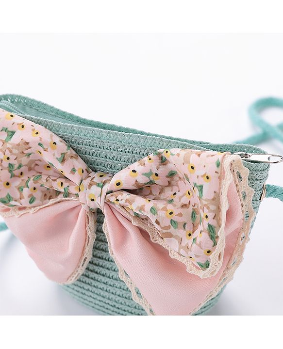 Babyhug Straw Hat With Bow & Purse - Mint Blue