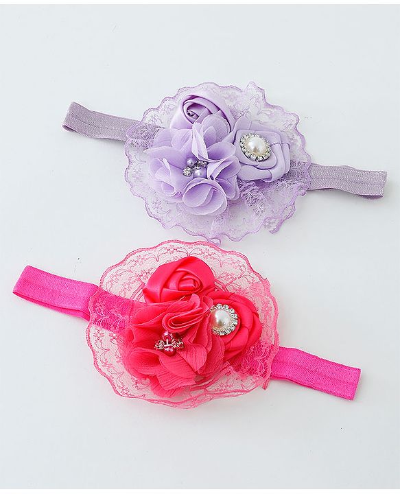 Babyhug Flower With Pearl Applique Headbands Pack Of 2  - Dark Pink & Purple