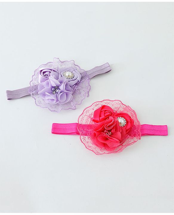 Babyhug Flower With Pearl Applique Headbands Pack Of 2  - Dark Pink & Purple