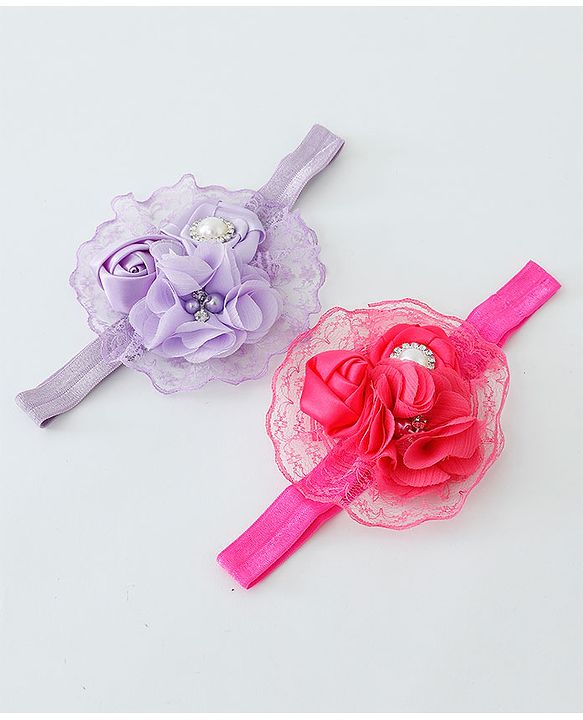 Babyhug Flower With Pearl Applique Headbands Pack Of 2  - Dark Pink & Purple