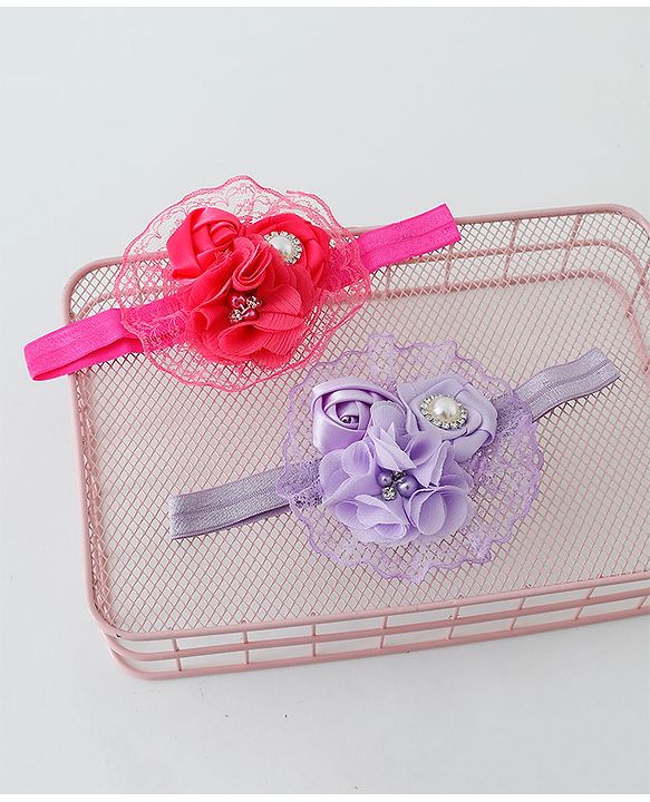 Babyhug Flower With Pearl Applique Headbands Pack Of 2  - Dark Pink & Purple