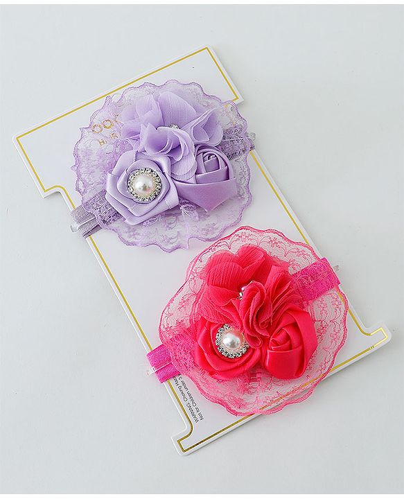Babyhug Flower With Pearl Applique Headbands Pack Of 2  - Dark Pink & Purple