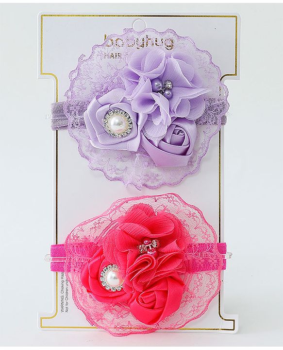 Babyhug Flower With Pearl Applique Headbands Pack Of 2  - Dark Pink & Purple