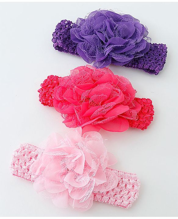 Babyhug Net Flower Applique Headbands Pack Of 3 - Multicolor