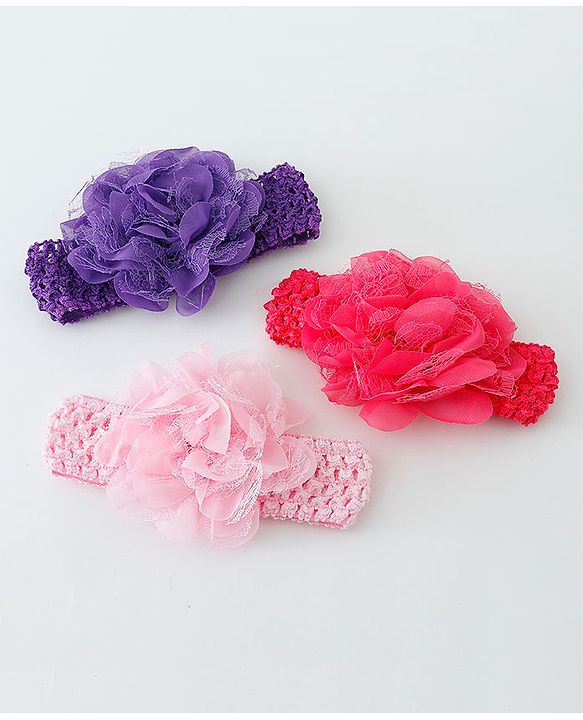 Babyhug Net Flower Applique Headbands Pack Of 3 - Multicolor