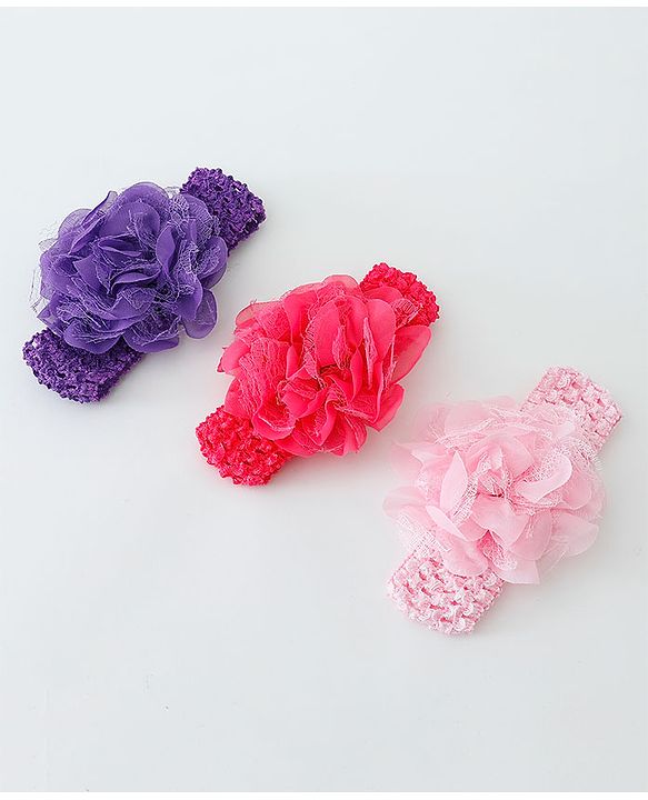 Babyhug Net Flower Applique Headbands Pack Of 3 - Multicolor