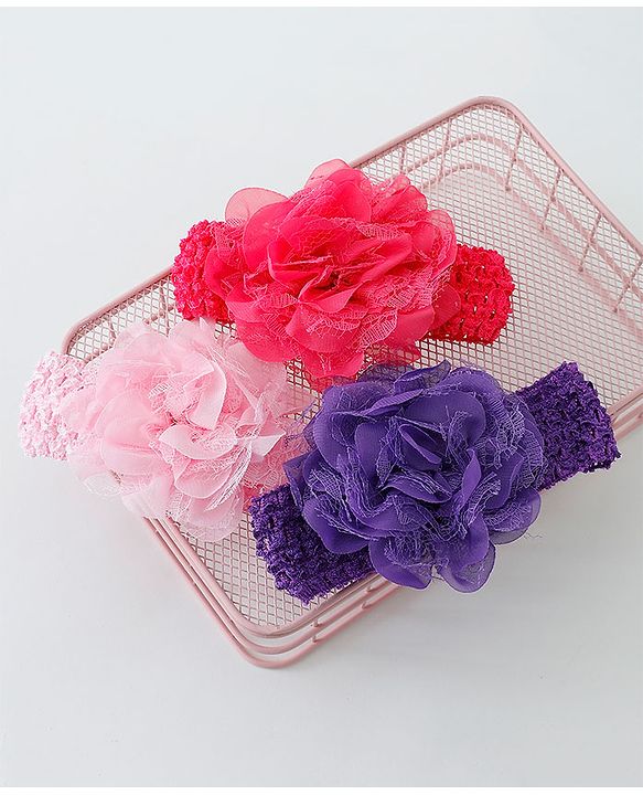 Babyhug Net Flower Applique Headbands Pack Of 3 - Multicolor