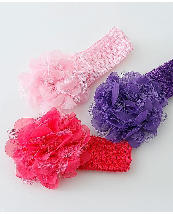 Babyhug Net Flower Applique Headbands Pack Of 3 - Multicolor