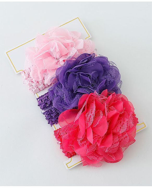 Babyhug Net Flower Applique Headbands Pack Of 3 - Multicolor