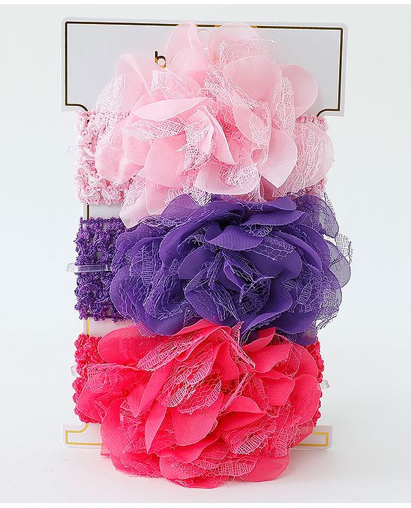 Babyhug Net Flower Applique Headbands Pack Of 3 - Multicolor