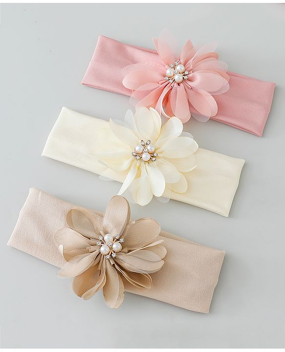 Babyhug Headbands with Flower Applique Free Size Pack of 3 - Peach & White