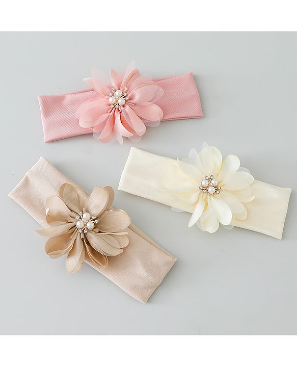 Babyhug Headbands with Flower Applique Free Size Pack of 3 - Peach & White