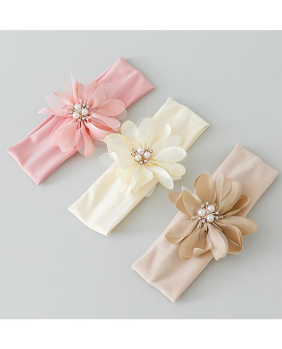 Babyhug Headbands with Flower Applique Free Size Pack of 3 - Peach & White