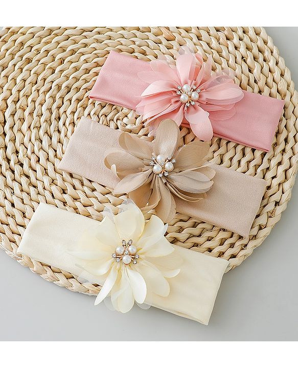 Babyhug Headbands with Flower Applique Free Size Pack of 3 - Peach & White