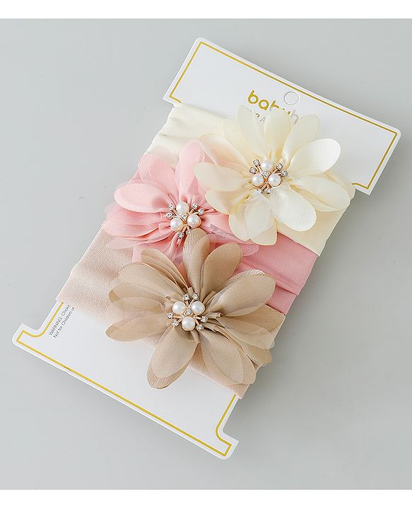Babyhug Headbands with Flower Applique Free Size Pack of 3 - Peach & White