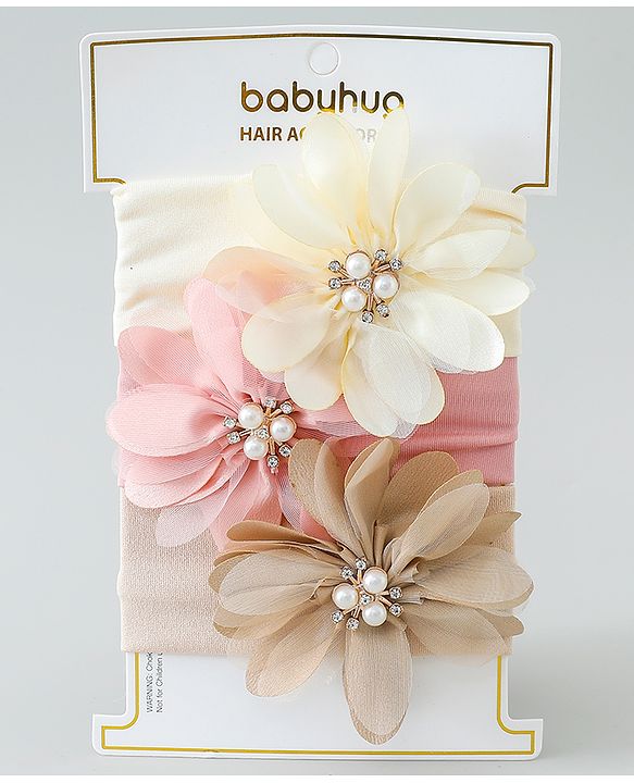 Babyhug Headbands with Flower Applique Free Size Pack of 3 - Peach & White