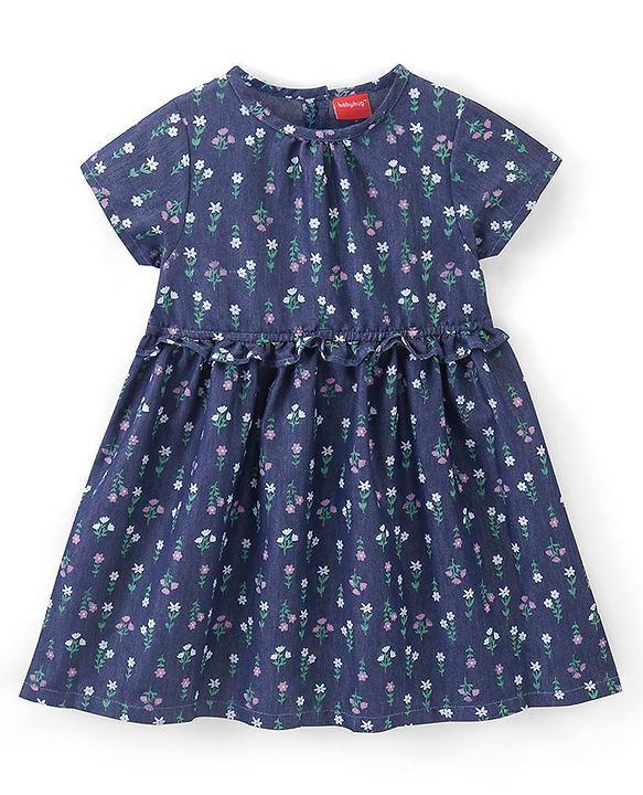 Babyhug 100% Cotton Half Sleeves Floral Print Denim Frock - Blue