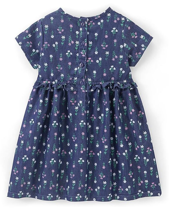 Babyhug 100% Cotton Half Sleeves Floral Print Denim Frock - Blue