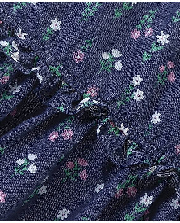 Babyhug 100% Cotton Half Sleeves Floral Print Denim Frock - Blue