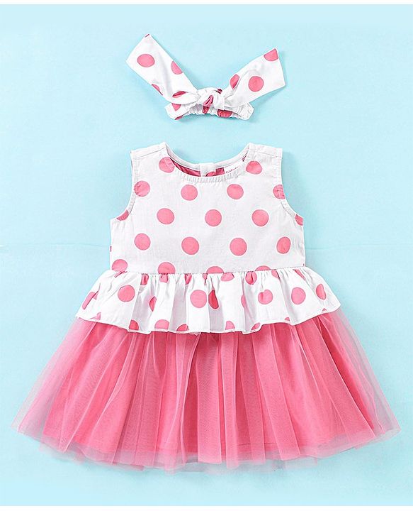 Babyhug 100% Cotton Woven Sleeveless Frock With Head Band Polka Dot Print - Peach
