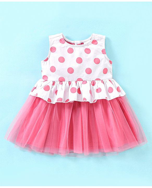 Babyhug 100% Cotton Woven Sleeveless Frock With Head Band Polka Dot Print - Peach