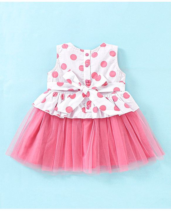 Babyhug 100% Cotton Woven Sleeveless Frock With Head Band Polka Dot Print - Peach