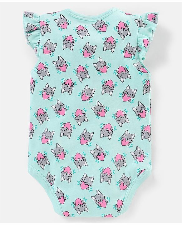 Babyhug 100% Cotton Frill Sleeves Kitty Print Onesies Pack Of 5 - Pink Purple & Green