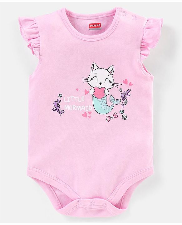Babyhug 100% Cotton Frill Sleeves Kitty Print Onesies Pack Of 5 - Pink Purple & Green
