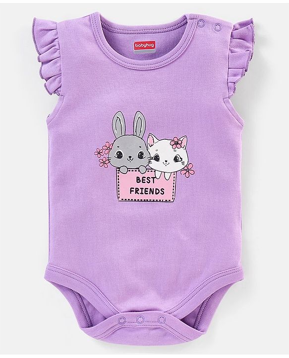Babyhug 100% Cotton Frill Sleeves Kitty Print Onesies Pack Of 5 - Pink Purple & Green