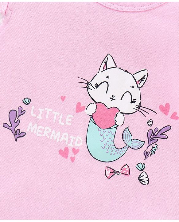 Babyhug 100% Cotton Frill Sleeves Kitty Print Onesies Pack Of 5 - Pink Purple & Green