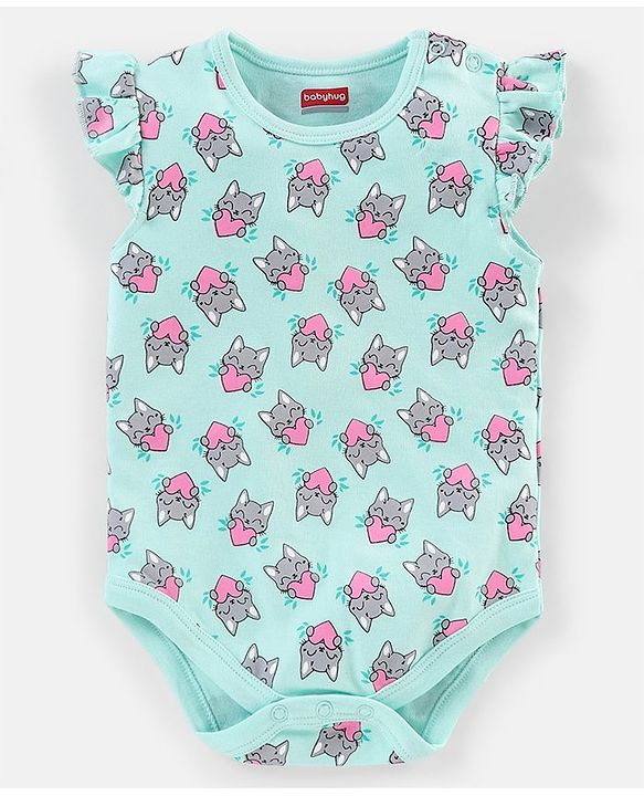 Babyhug 100% Cotton Frill Sleeves Kitty Print Onesies Pack Of 5 - Pink Purple & Green