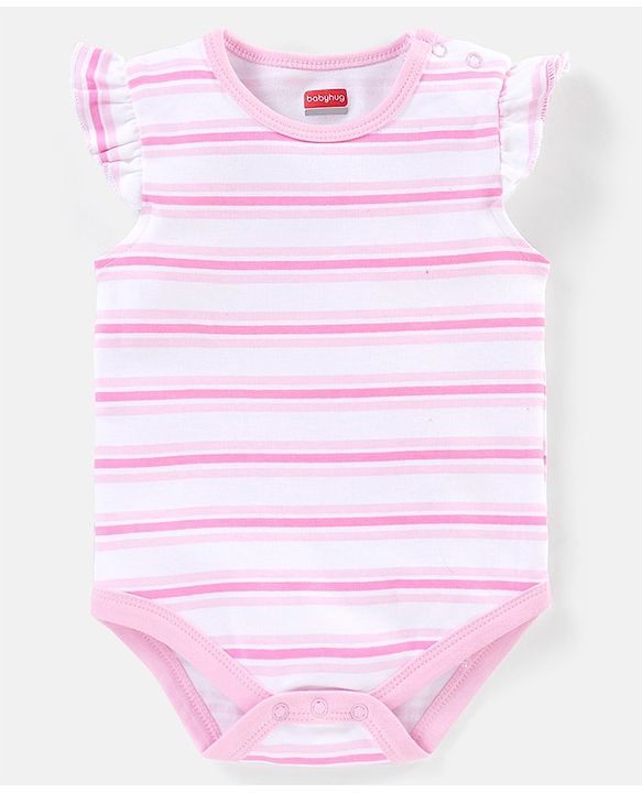 Babyhug 100% Cotton Frill Sleeves Kitty Print Onesies Pack Of 5 - Pink Purple & Green