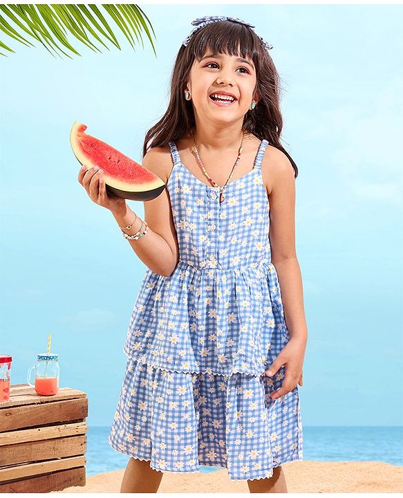 Babyhug Rayon Singlet Woven Checks Frock Floral Print With Headband - Blue