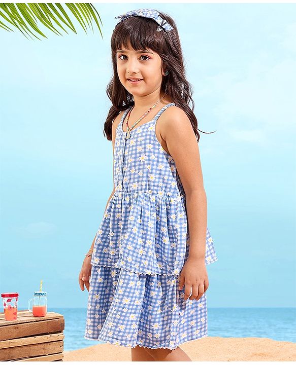 Babyhug Rayon Singlet Woven Checks Frock Floral Print With Headband - Blue