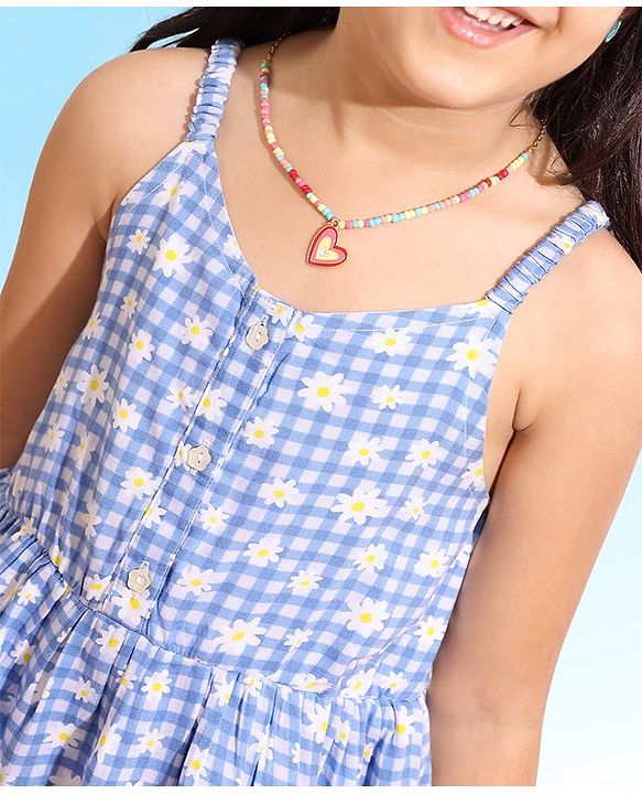 Babyhug Rayon Singlet Woven Checks Frock Floral Print With Headband - Blue