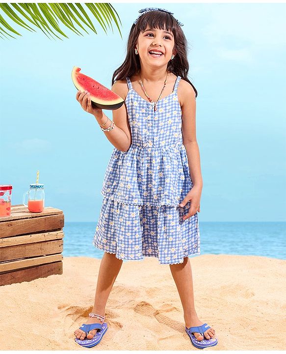 Babyhug Rayon Singlet Woven Checks Frock Floral Print With Headband - Blue