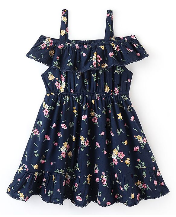 Babyhug 100% Viscose Rayon Singlet Cold Shoulder Floral Print Frock - Navy Blue