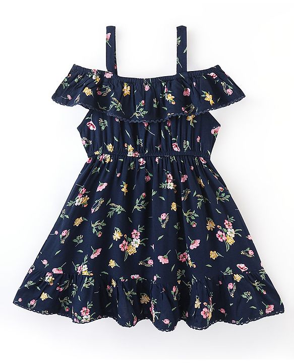Babyhug 100% Viscose Rayon Singlet Cold Shoulder Floral Print Frock - Navy Blue