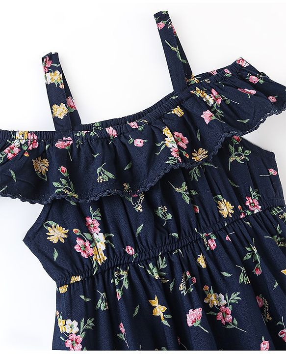 Babyhug 100% Viscose Rayon Singlet Cold Shoulder Floral Print Frock - Navy Blue