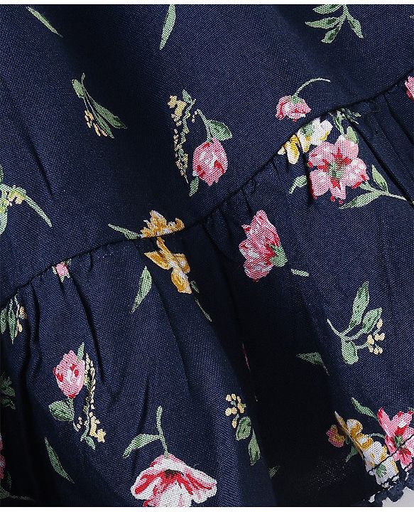 Babyhug 100% Viscose Rayon Singlet Cold Shoulder Floral Print Frock - Navy Blue