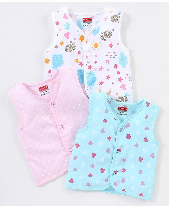 Babyhug 100% Cotton Woven Sleeveless Jhabla Heart Print Pack Of 3 - White & Blue