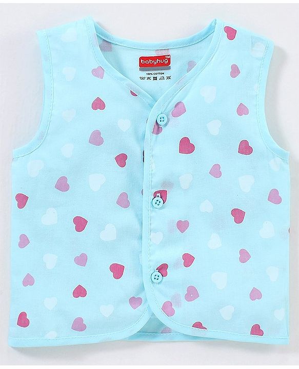 Babyhug 100% Cotton Woven Sleeveless Jhabla Heart Print Pack Of 3 - White & Blue