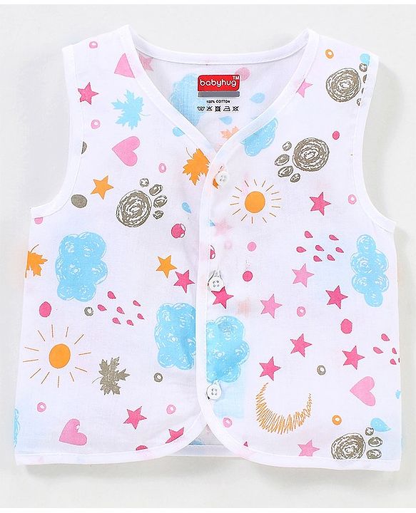 Babyhug 100% Cotton Woven Sleeveless Jhabla Heart Print Pack Of 3 - White & Blue