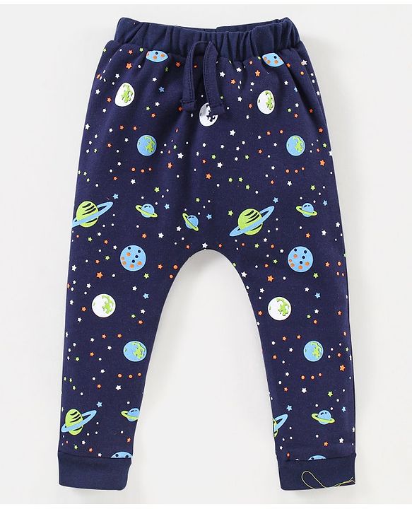 Babyhug Cotton Full Length Diaper Leggings Space & Stripes Print Pack of 3- Blue & Green