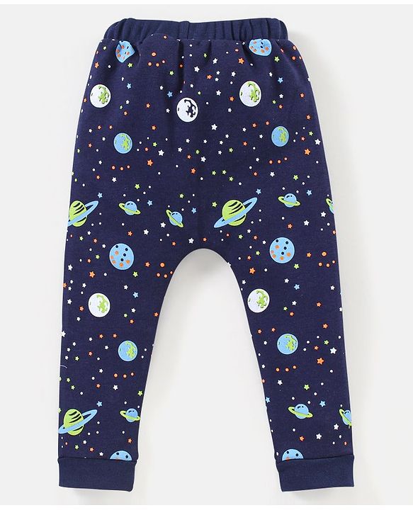 Babyhug Cotton Full Length Diaper Leggings Space & Stripes Print Pack of 3- Blue & Green